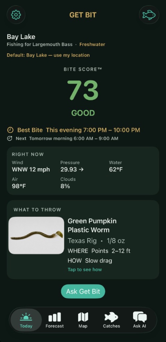 Get Bit Today screen: BiteScore 73 for largemouth bass on Bay Lake, with bite windows and what to throw.